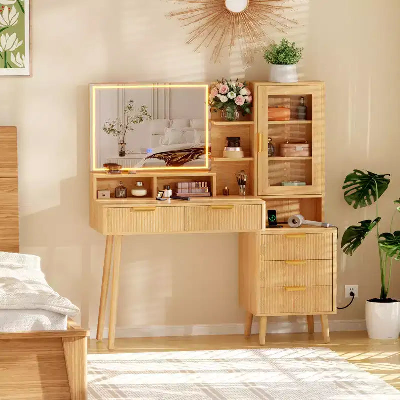 Vanity Desk with Lighted Mirror, 5 Drawers & Power Outlet, Modern Fluted Dressing Table with Storage Shelf for Bedroom,Women Girls