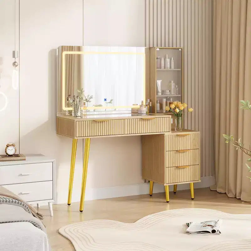 Vanity Desk with Lighted Mirror, 5 Drawers & Power Outlet, Modern Fluted Dressing Table with Storage Shelf for Bedroom,Women Girls