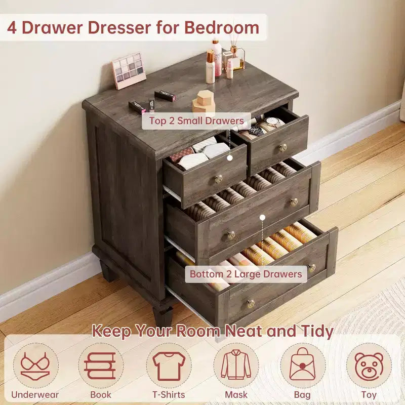 Acekool Vintage 4 Drawer Dresser for Bedroom, Wood Chest with Tapered Legs for Living Room
