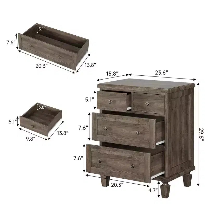 Acekool Vintage 4 Drawer Dresser for Bedroom, Wood Chest with Tapered Legs for Living Room