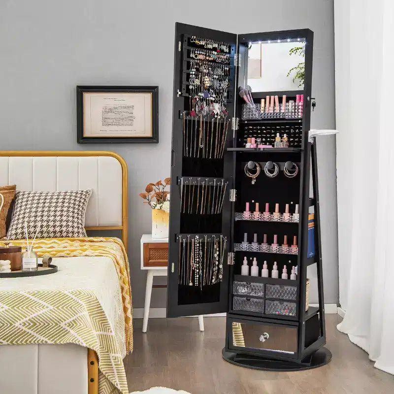 Armoire à bijoux pivotante Costway 360° avec miroir, organisateur de rangement à bijoux, lumières intégrées, noir