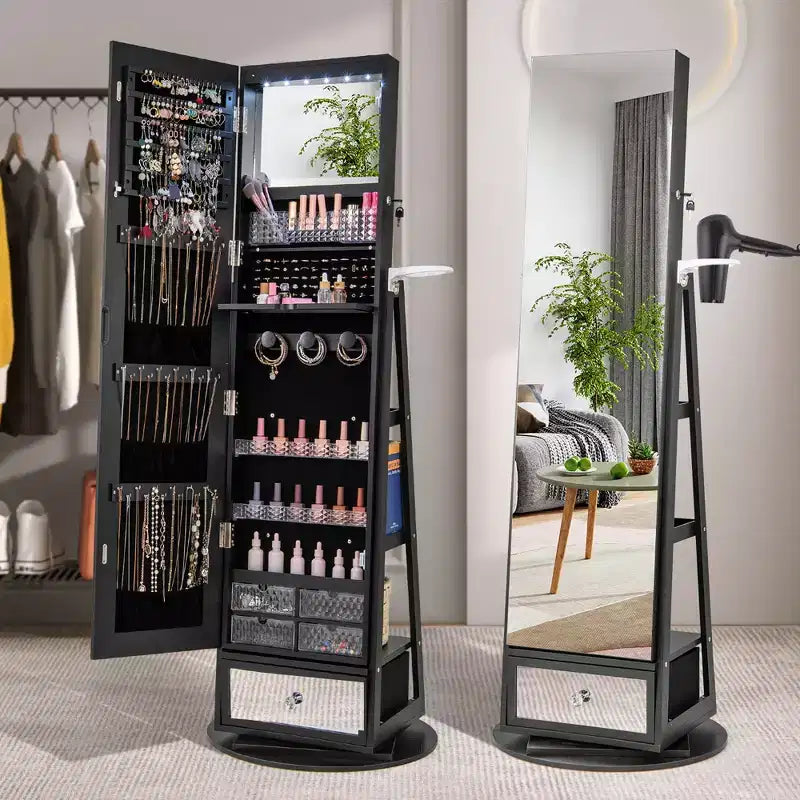 Armoire à bijoux pivotante Costway 360° avec miroir, organisateur de rangement à bijoux, lumières intégrées, noir