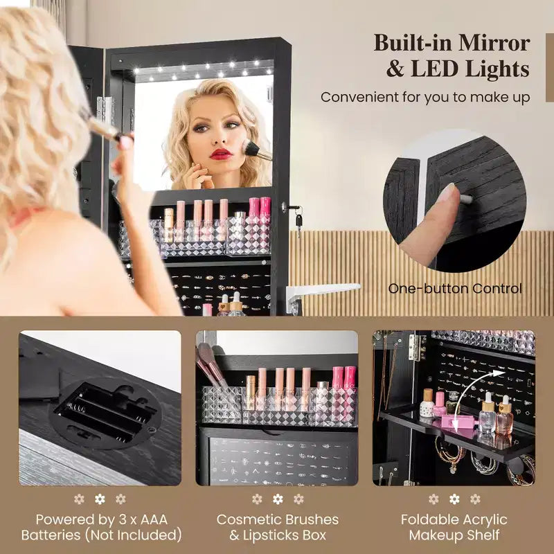 Armoire à bijoux pivotante Costway 360° avec miroir, organisateur de rangement à bijoux, lumières intégrées, noir