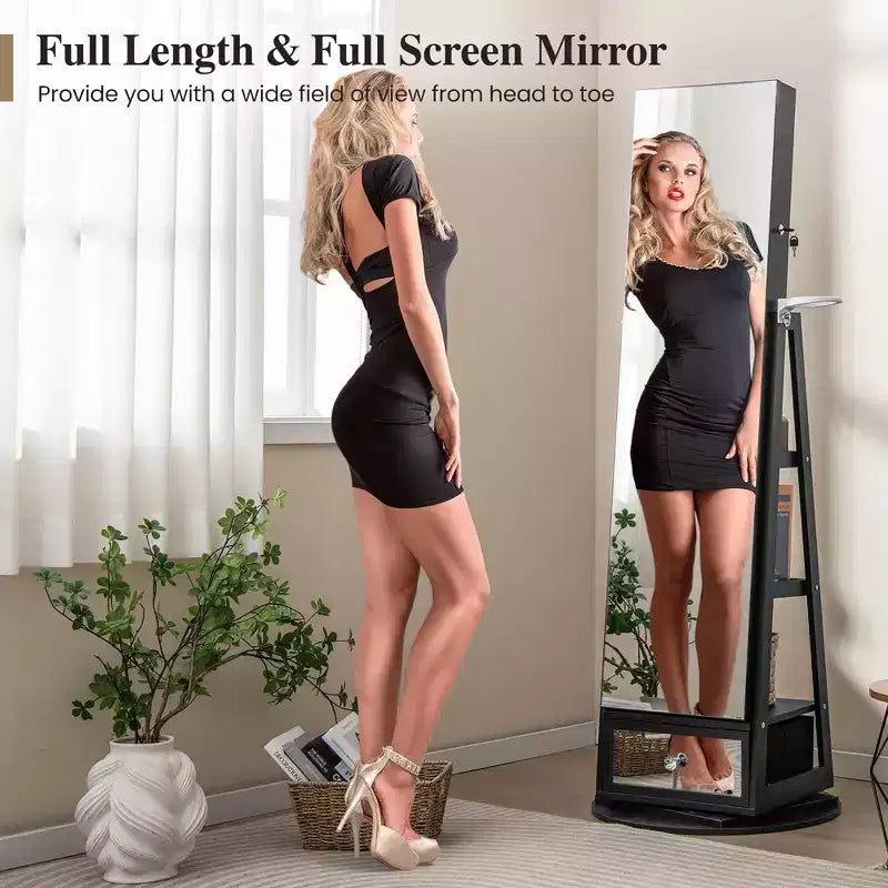 Armoire à bijoux pivotante Costway 360° avec miroir, organisateur de rangement à bijoux, lumières intégrées, noir