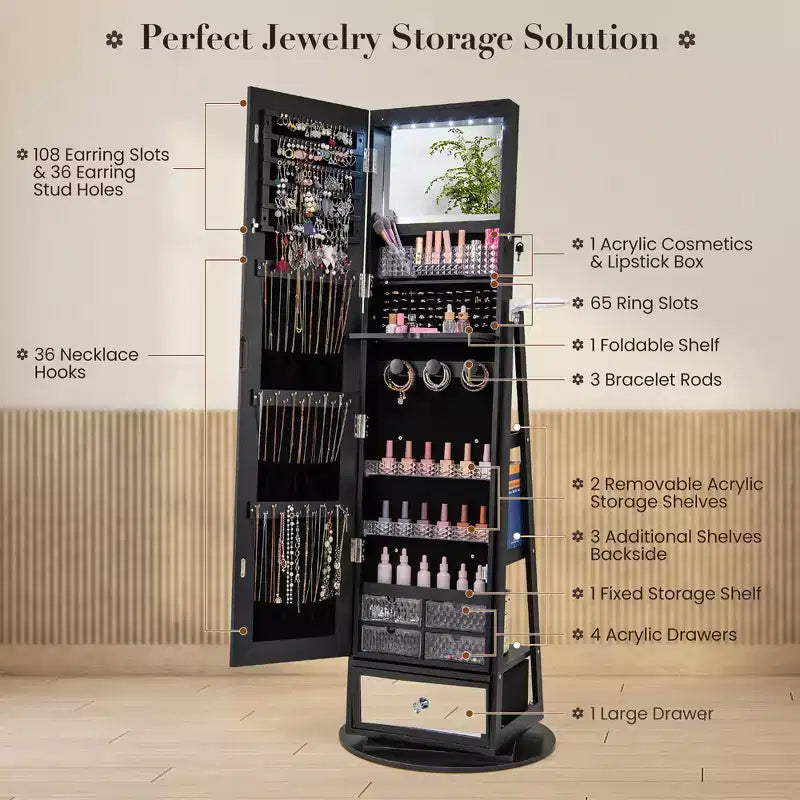 Armoire à bijoux pivotante Costway 360° avec miroir, organisateur de rangement à bijoux, lumières intégrées, noir
