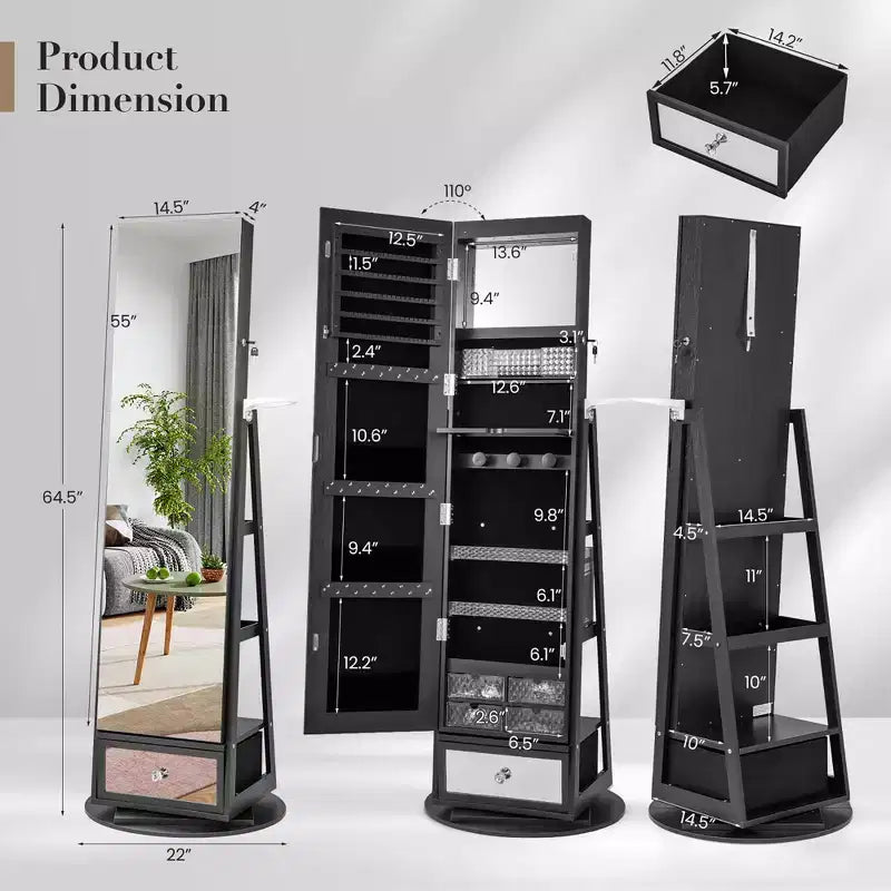 Armoire à bijoux pivotante Costway 360° avec miroir, organisateur de rangement à bijoux, lumières intégrées, noir