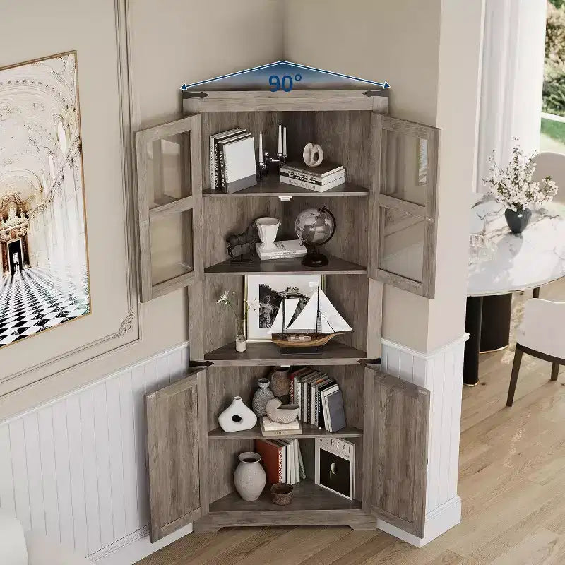 Vaisselier d'angle haut de 170 cm avec lumières, buffet de rangement rustique avec portes vitrées, organisateur en bois robuste pour la cuisine, la salle de bain et le salon