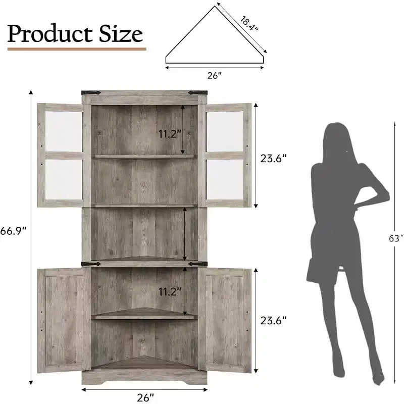 Vaisselier d'angle haut de 170 cm avec lumières, buffet de rangement rustique avec portes vitrées, organisateur en bois robuste pour la cuisine, la salle de bain et le salon