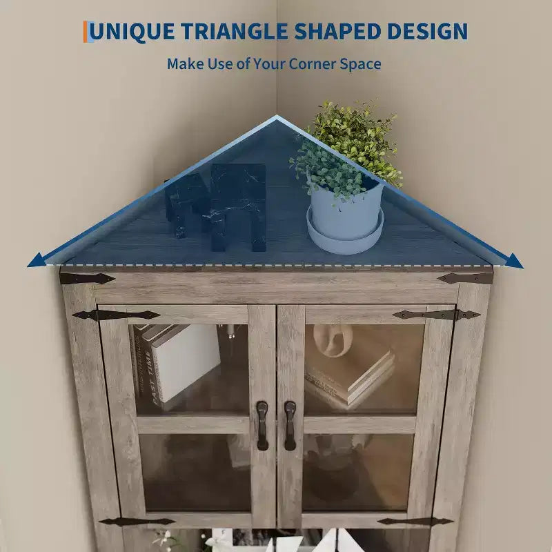 Vaisselier d'angle haut de 170 cm avec lumières, buffet de rangement rustique avec portes vitrées, organisateur en bois robuste pour la cuisine, la salle de bain et le salon