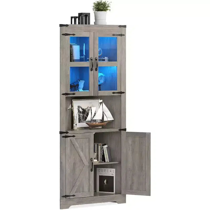 Vaisselier d'angle haut de 170 cm avec lumières, buffet de rangement rustique avec portes vitrées, organisateur en bois robuste pour la cuisine, la salle de bain et le salon