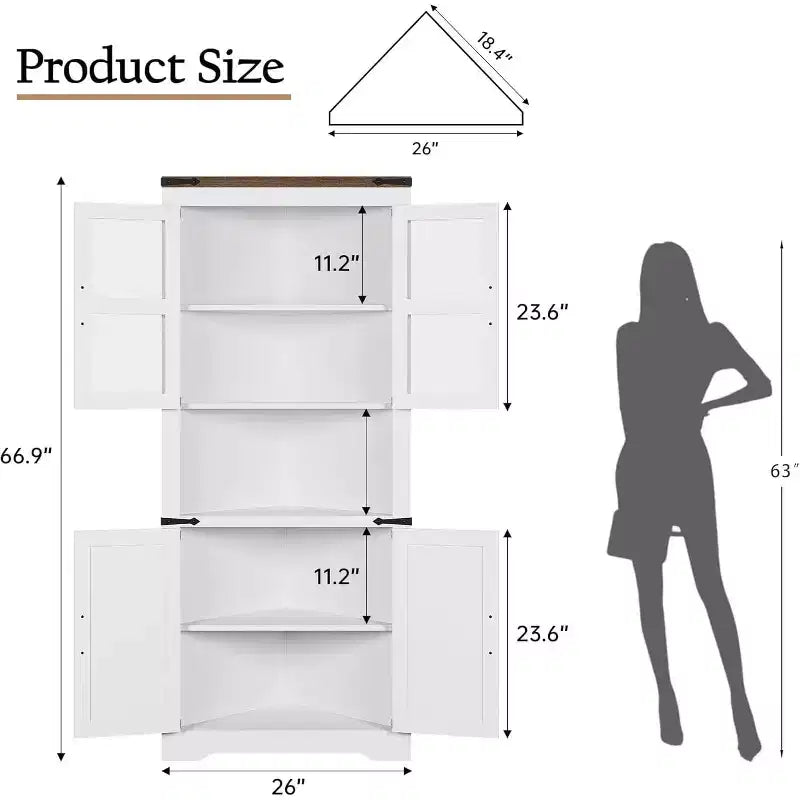 Vaisselier d'angle haut de 170 cm avec lumières, buffet de rangement rustique avec portes vitrées, organisateur en bois robuste pour la cuisine, la salle de bain et le salon