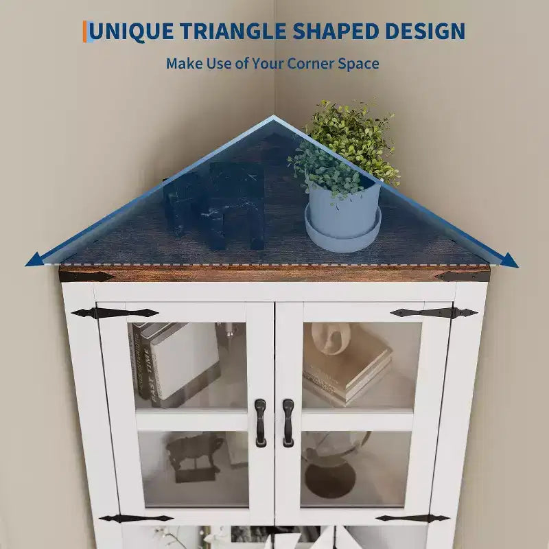 Vaisselier d'angle haut de 170 cm avec lumières, buffet de rangement rustique avec portes vitrées, organisateur en bois robuste pour la cuisine, la salle de bain et le salon