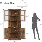 Vaisselier d'angle haut de 170 cm avec lumières, buffet de rangement rustique avec portes vitrées, organisateur en bois robuste pour la cuisine, la salle de bain et le salon