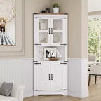 Vaisselier d'angle haut de 170 cm avec lumières, buffet de rangement rustique avec portes vitrées, organisateur en bois robuste pour la cuisine, la salle de bain et le salon