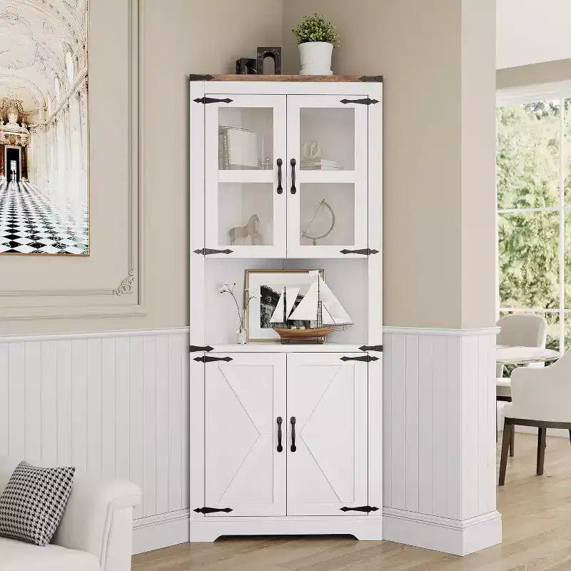 Vaisselier d'angle haut de 170 cm avec lumières, buffet de rangement rustique avec portes vitrées, organisateur en bois robuste pour la cuisine, la salle de bain et le salon