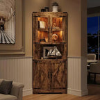 Vaisselier d'angle haut de 170 cm avec lumières, buffet de rangement rustique avec portes vitrées, organisateur en bois robuste pour la cuisine, la salle de bain et le salon