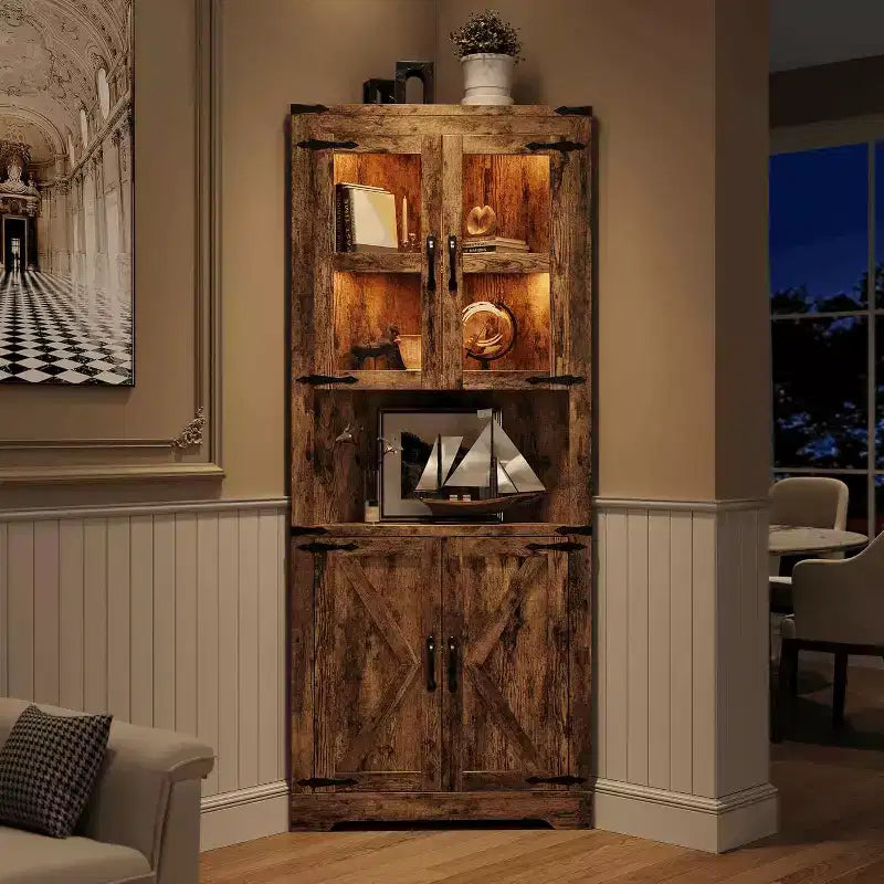 Vaisselier d'angle haut de 170 cm avec lumières, buffet de rangement rustique avec portes vitrées, organisateur en bois robuste pour la cuisine, la salle de bain et le salon