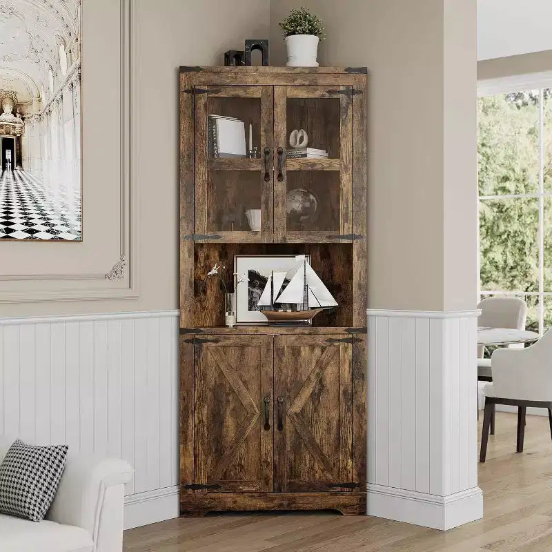Vaisselier d'angle haut de 170 cm avec lumières, buffet de rangement rustique avec portes vitrées, organisateur en bois robuste pour la cuisine, la salle de bain et le salon