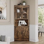 Vaisselier d'angle haut de 170 cm avec lumières, buffet de rangement rustique avec portes vitrées, organisateur en bois robuste pour la cuisine, la salle de bain et le salon