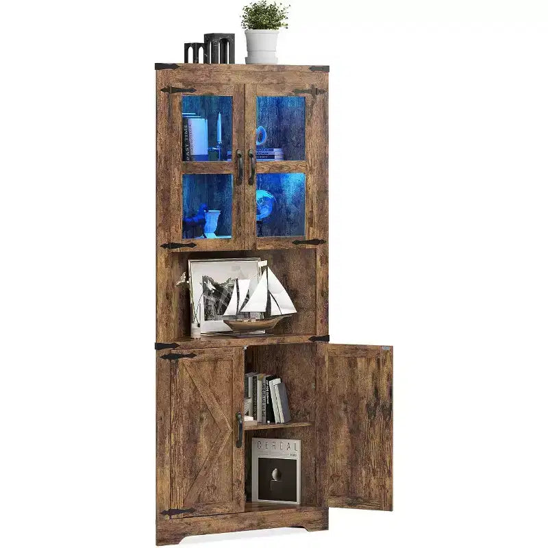 Vaisselier d'angle haut de 170 cm avec lumières, buffet de rangement rustique avec portes vitrées, organisateur en bois robuste pour la cuisine, la salle de bain et le salon