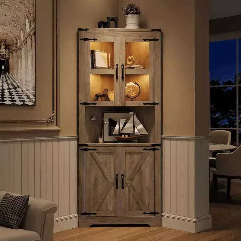 Vaisselier d'angle haut de 170 cm avec lumières, buffet de rangement rustique avec portes vitrées, organisateur en bois robuste pour la cuisine, la salle de bain et le salon