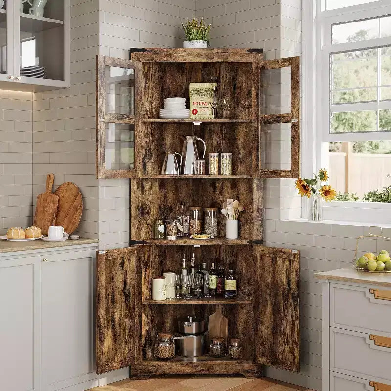 67 Tall Corner Display Cabinet with Lights, Farmhouse Storage Hutch with Glass Doors, Sturdy Wooden Organizer for Kitchen Bathroom Living Room