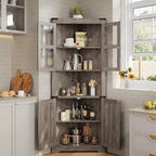 Vaisselier d'angle haut de 170 cm avec lumières, buffet de rangement rustique avec portes vitrées, organisateur en bois robuste pour la cuisine, la salle de bain et le salon