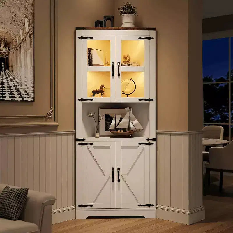Vaisselier d'angle haut de 170 cm avec lumières, buffet de rangement rustique avec portes vitrées, organisateur en bois robuste pour la cuisine, la salle de bain et le salon