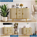 Buffet moderne de 127 cm avec rangement, console de bar à café cannelée de style Mid-Century avec plateau en faux marbre, portes coulissantes au profil incurvé