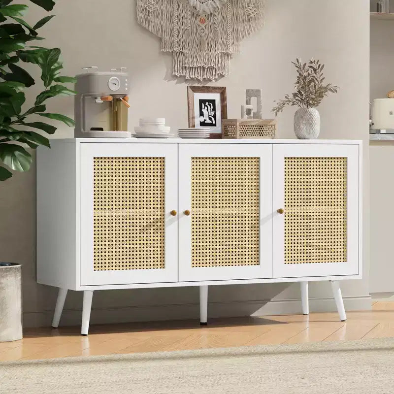 Bahut buffet moderne en rotin style bohème - Grande crédence avec étagères réglables - Solution de rangement pour salle à manger, cuisine, salon