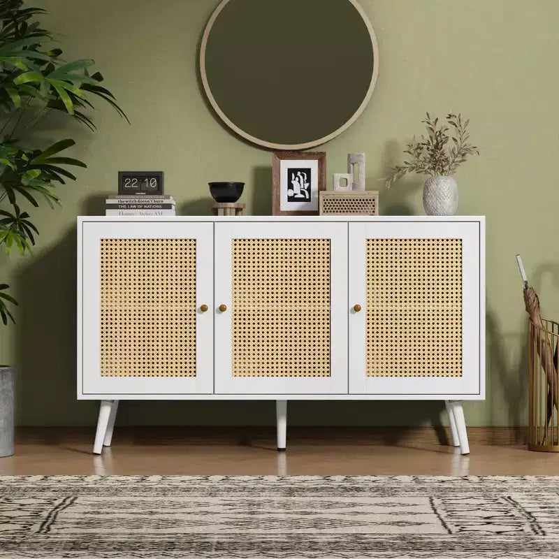 Bahut buffet moderne en rotin style bohème - Grande crédence avec étagères réglables - Solution de rangement pour salle à manger, cuisine, salon