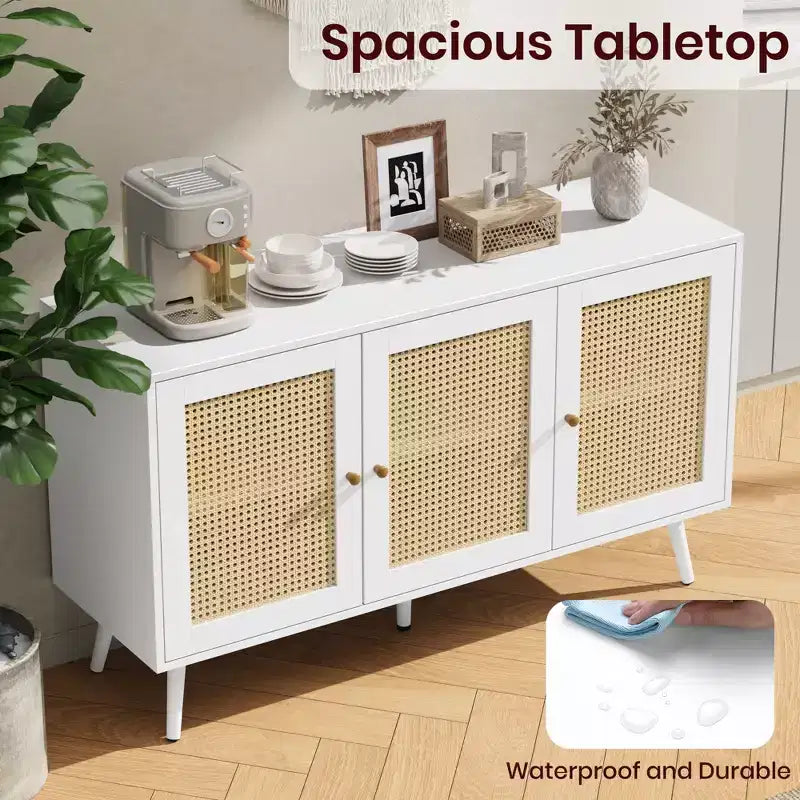 Bahut buffet moderne en rotin style bohème - Grande crédence avec étagères réglables - Solution de rangement pour salle à manger, cuisine, salon