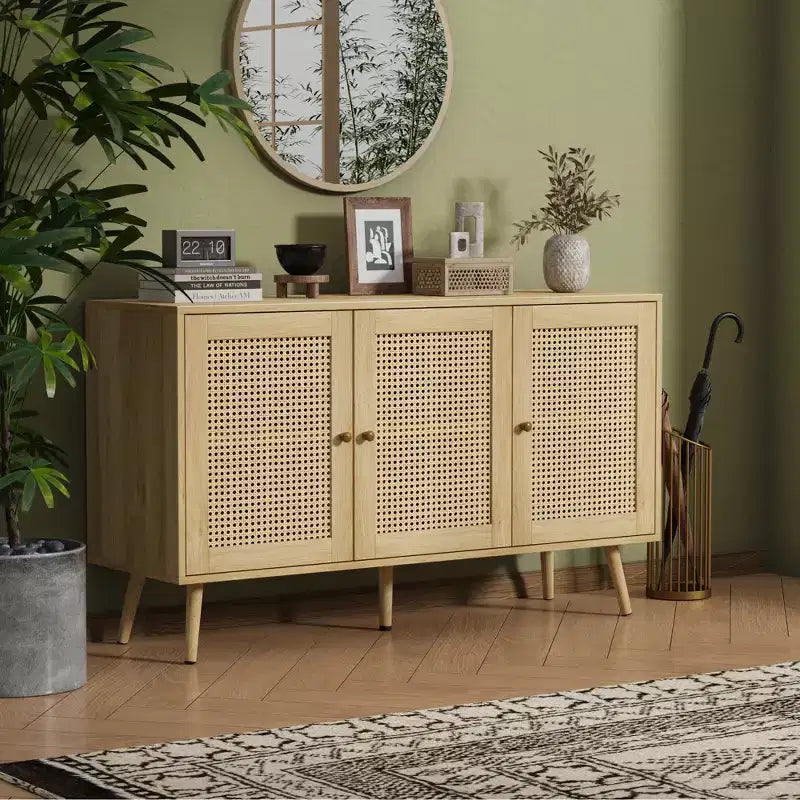 Bahut buffet moderne en rotin style bohème - Grande crédence avec étagères réglables - Solution de rangement pour salle à manger, cuisine, salon