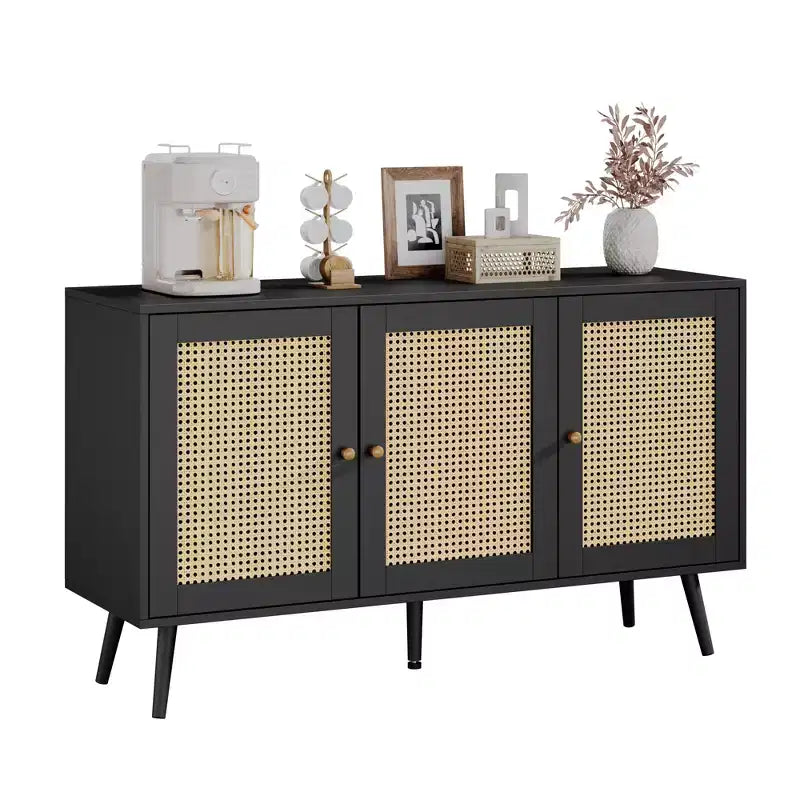 Bahut buffet moderne en rotin style bohème - Grande crédence avec étagères réglables - Solution de rangement pour salle à manger, cuisine, salon