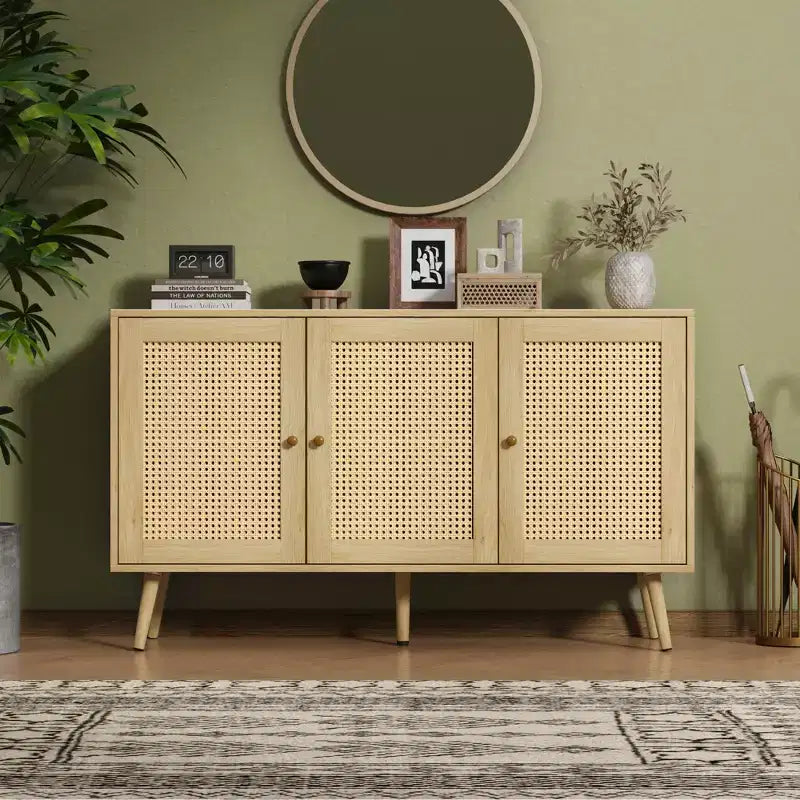 Bahut buffet moderne en rotin style bohème - Grande crédence avec étagères réglables - Solution de rangement pour salle à manger, cuisine, salon