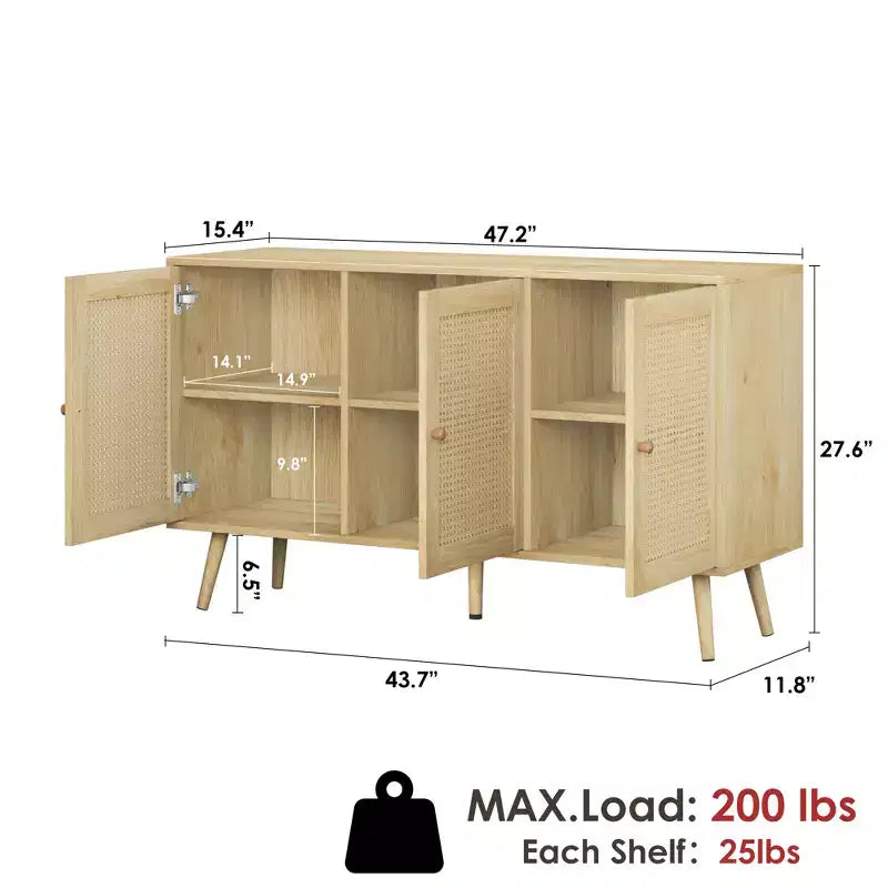 Bahut buffet moderne en rotin style bohème - Grande crédence avec étagères réglables - Solution de rangement pour salle à manger, cuisine, salon