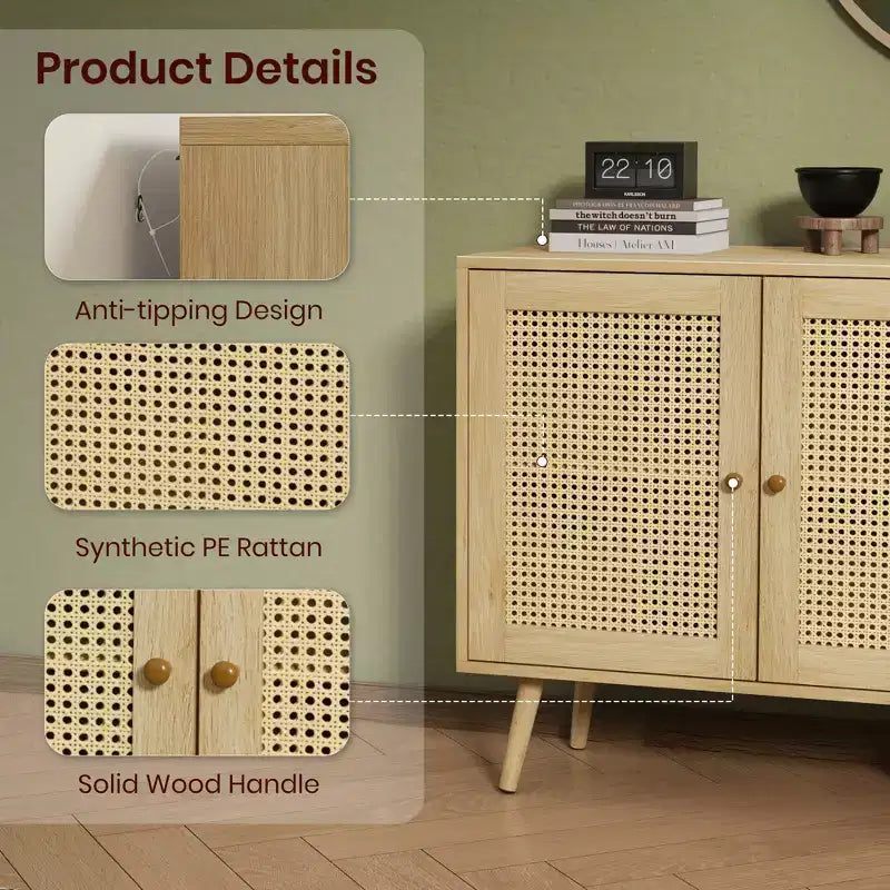 Bahut buffet moderne en rotin style bohème - Grande crédence avec étagères réglables - Solution de rangement pour salle à manger, cuisine, salon
