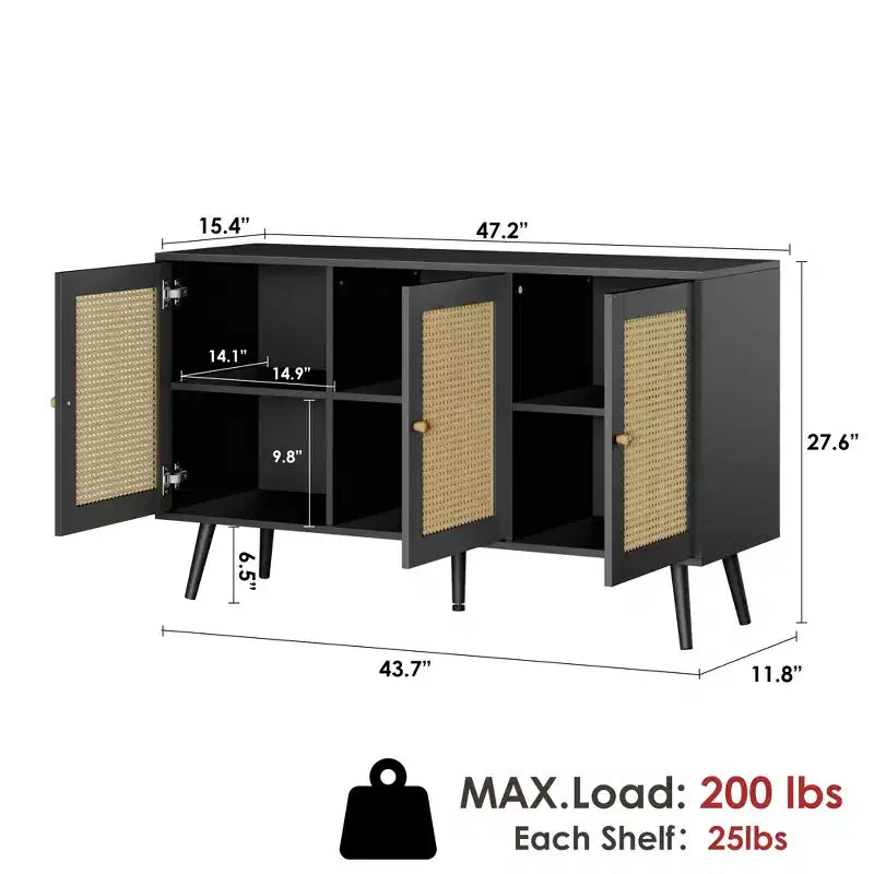 Bahut buffet moderne en rotin style bohème - Grande crédence avec étagères réglables - Solution de rangement pour salle à manger, cuisine, salon