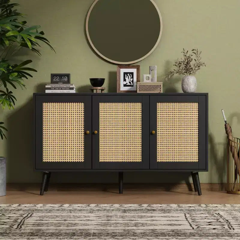 Bahut buffet moderne en rotin style bohème - Grande crédence avec étagères réglables - Solution de rangement pour salle à manger, cuisine, salon