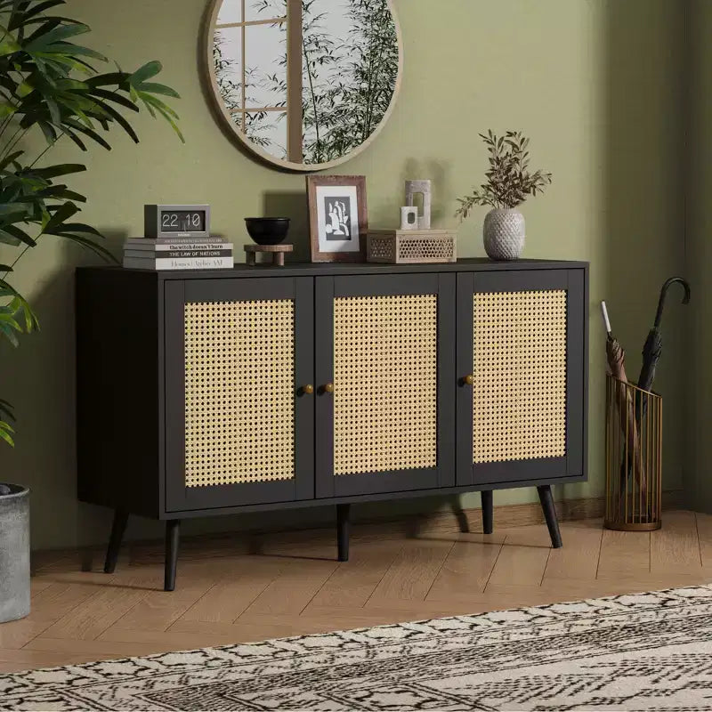 Bahut buffet moderne en rotin style bohème - Grande crédence avec étagères réglables - Solution de rangement pour salle à manger, cuisine, salon