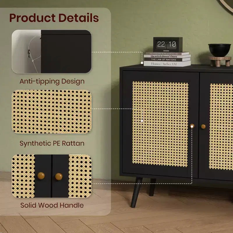 Bahut buffet moderne en rotin style bohème - Grande crédence avec étagères réglables - Solution de rangement pour salle à manger, cuisine, salon