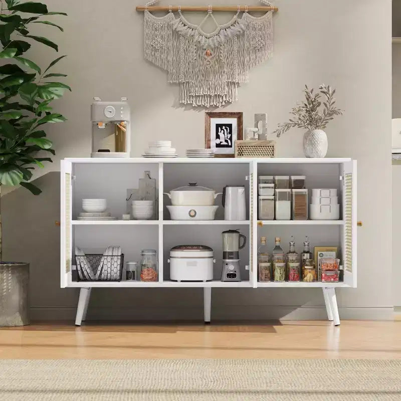 Bahut buffet moderne en rotin style bohème - Grande crédence avec étagères réglables - Solution de rangement pour salle à manger, cuisine, salon