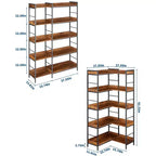 65 Tall Corner Bookshelf, 5-Tier Reversible Industrial Bookcase with 4 Hooks, Open Wooden Display Shelf with Metal Frame for Bedroom, Office