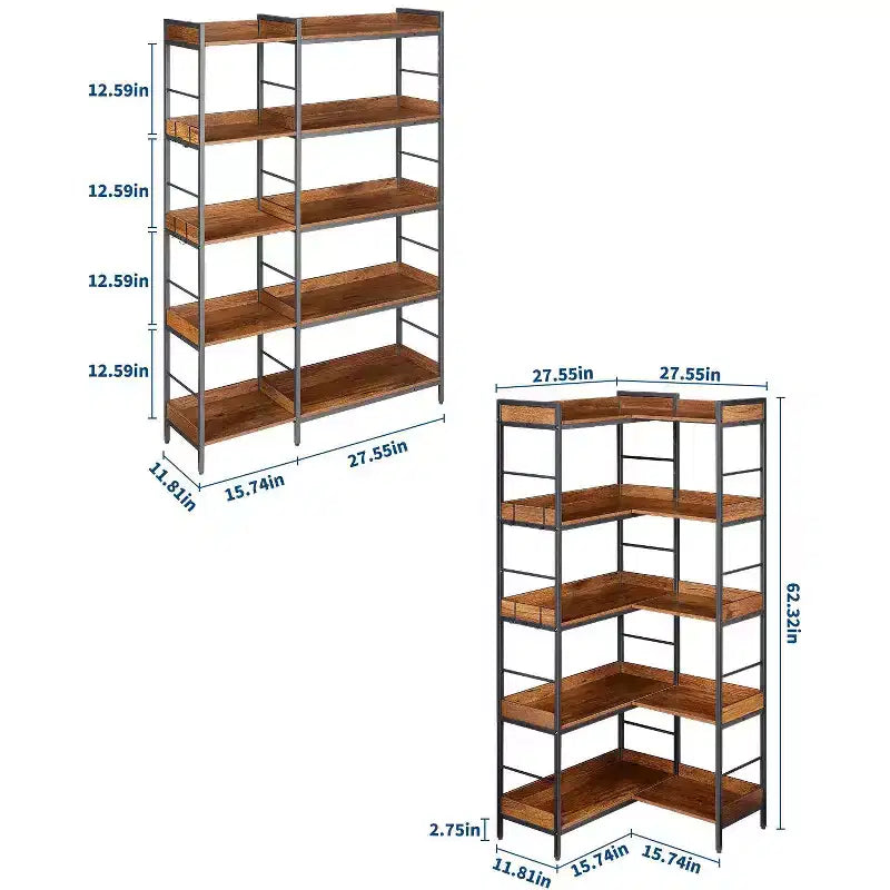 65 Tall Corner Bookshelf, 5-Tier Reversible Industrial Bookcase with 4 Hooks, Open Wooden Display Shelf with Metal Frame for Bedroom, Office