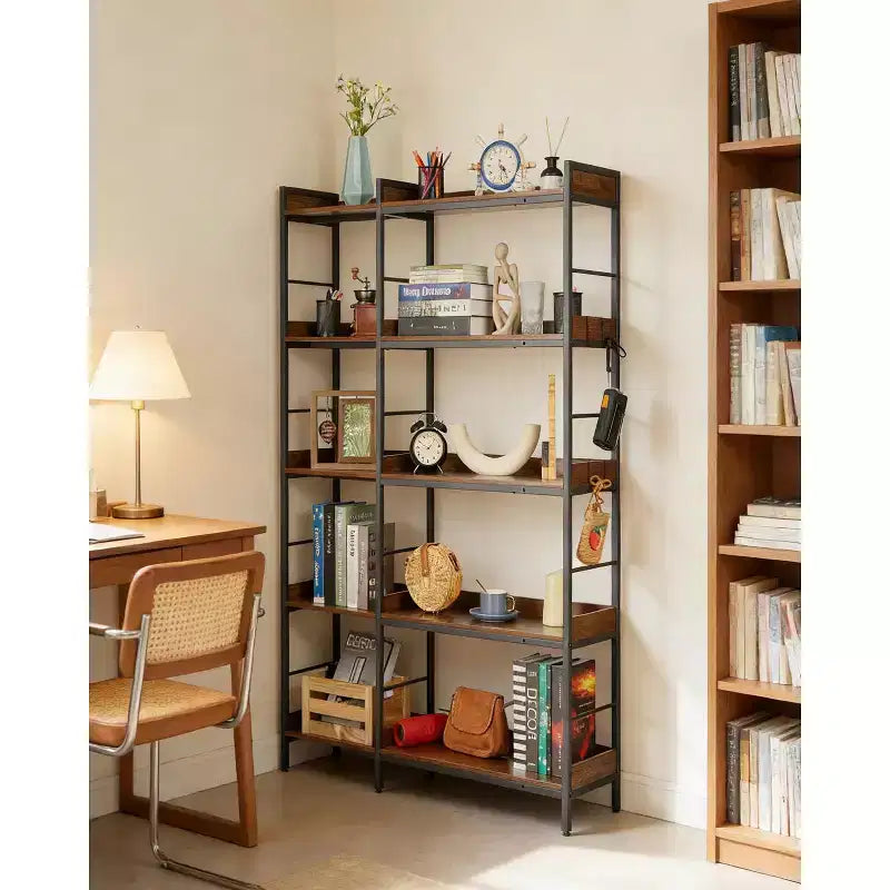 65 Tall Corner Bookshelf, 5-Tier Reversible Industrial Bookcase with 4 Hooks, Open Wooden Display Shelf with Metal Frame for Bedroom, Office