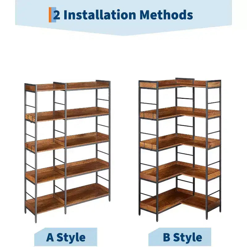 65 Tall Corner Bookshelf, 5-Tier Reversible Industrial Bookcase with 4 Hooks, Open Wooden Display Shelf with Metal Frame for Bedroom, Office
