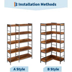 65 Tall Corner Bookshelf, 5-Tier Reversible Industrial Bookcase with 4 Hooks, Open Wooden Display Shelf with Metal Frame for Bedroom, Office