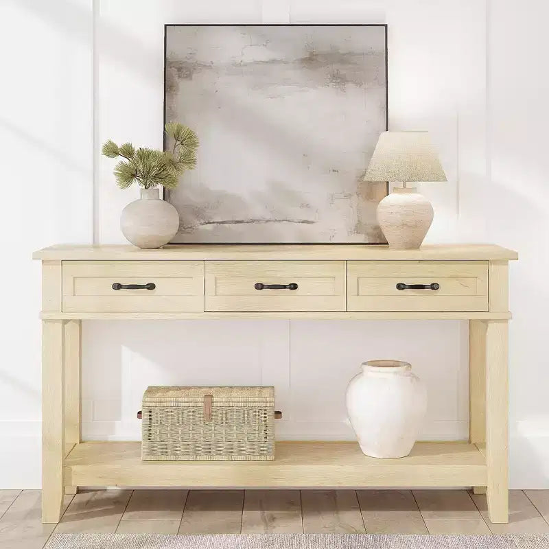 Farmhouse Console Table with 3 Drawers & Open Storage Shelf  2-Tier Wooden Sofa Table  Ideal for Entryway, Living Room, Hallway or Foyer