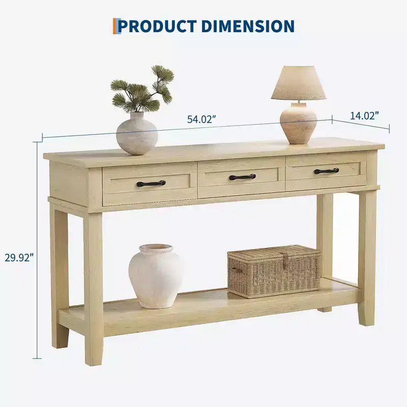 Farmhouse Console Table with 3 Drawers & Open Storage Shelf  2-Tier Wooden Sofa Table  Ideal for Entryway, Living Room, Hallway or Foyer