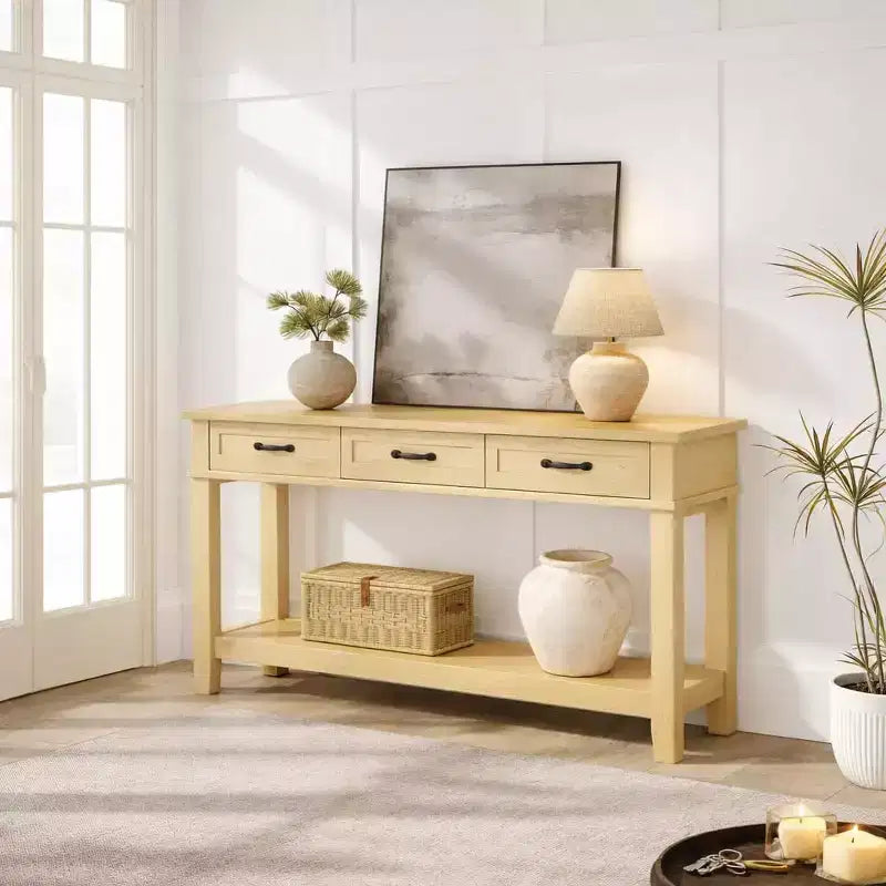 Farmhouse Console Table with 3 Drawers & Open Storage Shelf  2-Tier Wooden Sofa Table  Ideal for Entryway, Living Room, Hallway or Foyer